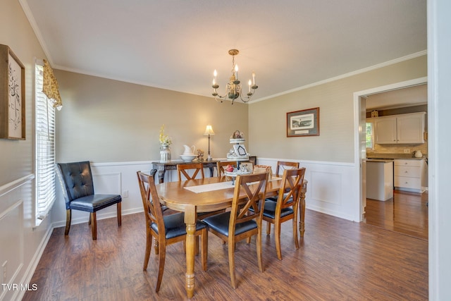 5116 Waterford Dr, Kingsport, TN 37664 - dining room featuring a chandelier, crown molding, wainscoting, dark wood-style floors, and a decorative wall