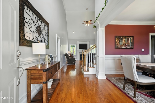 1251 Harmony Rd, Jonesborough, TN 37659 - foyer entrance with ceiling fan, wood finished floors, stairway, and wainscoting