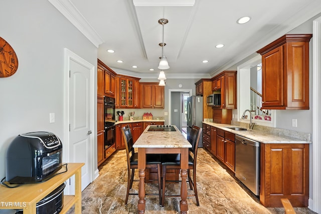 1251 Harmony Rd, Jonesborough, TN 37659 - kitchen with appliances with stainless steel finishes, crown molding, recessed lighting, light stone counters, and a center island