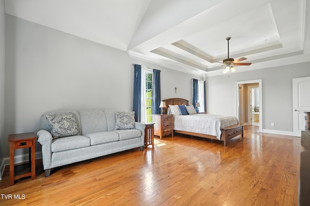 1251 Harmony Rd, Jonesborough, TN 37659 - bedroom with crown molding, a raised ceiling, light wood finished floors, and a ceiling fan