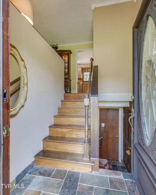 1049 Cooks Valley Rd, Kingsport, TN 37664 - stairs with stone tile flooring and crown molding