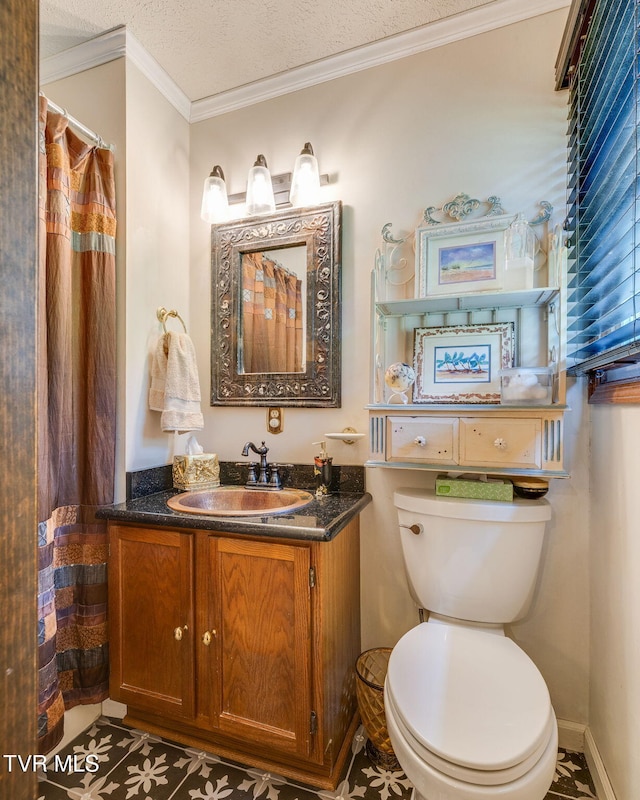 1049 Cooks Valley Rd, Kingsport, TN 37664 - bathroom with vanity, crown molding, tile patterned floors, and a textured ceiling