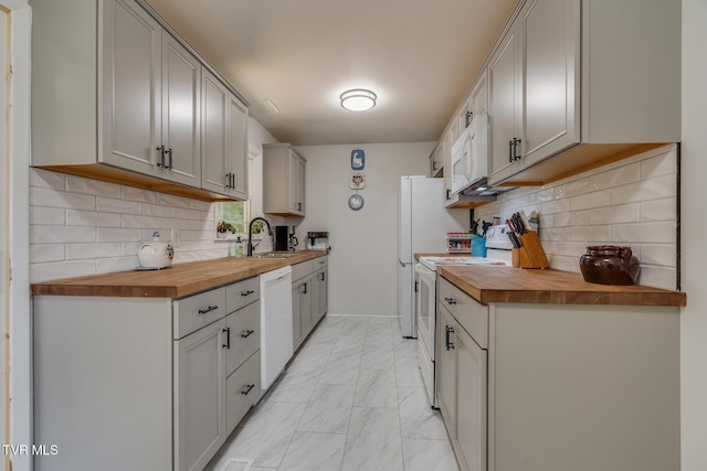 210 Anderson Rd, Johnson City, TN 37601 - kitchen with wooden counters, white appliances, light marble finish floors, backsplash, and gray cabinets