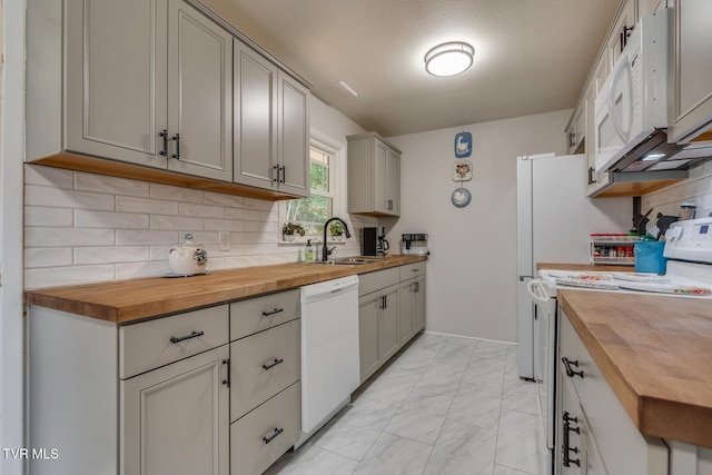 210 Anderson Rd, Johnson City, TN 37601 - kitchen with butcher block countertops, white appliances, light marble finish floors, and gray cabinets