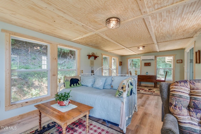 210 Anderson Rd, Johnson City, TN 37601 - living area with a wall mounted air conditioner, light wood-type flooring, and wood ceiling