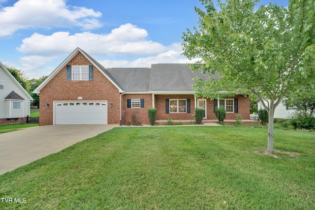 114 Wiltshire Dr, Gray, TN 37615 - view of front of house with driveway, brick siding, a front yard, an attached garage, and roof with shingles