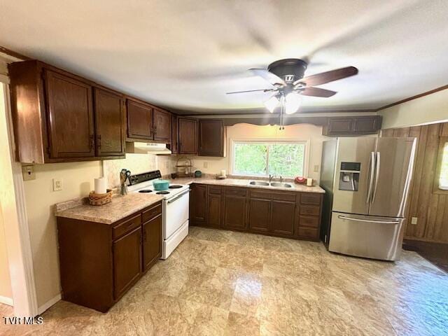 3219 Hardy Hollow Rd, Saint Paul, VA 24283 - kitchen with stainless steel fridge with ice dispenser, electric range, under cabinet range hood, light countertops, and a ceiling fan