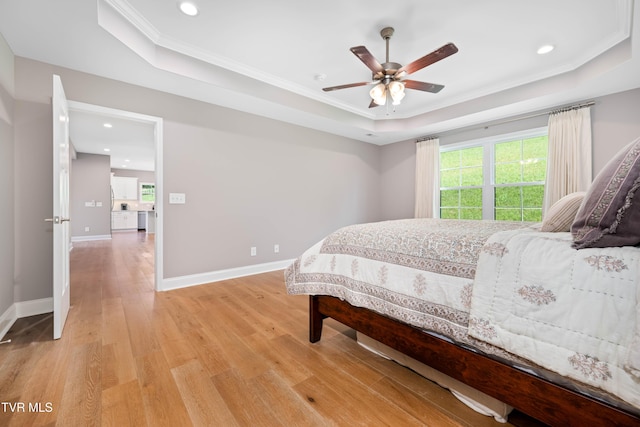 187 Tanners Cv, Johnson City, TN 37615 - bedroom with a tray ceiling, light wood-style flooring, crown molding, recessed lighting, and a ceiling fan