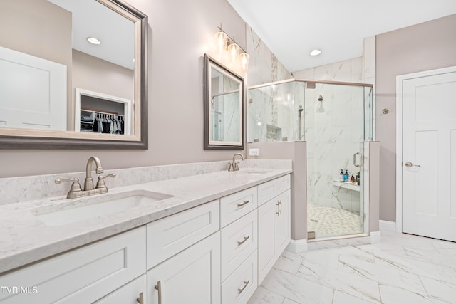 187 Tanners Cv, Johnson City, TN 37615 - full bathroom with a marble finish shower, double vanity, and marble look tiles