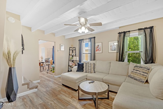 104 Kincheloe Rd, Fall Branch, TN 37656 - living area with healthy amount of natural light, light wood-style flooring, ceiling fan, and beamed ceiling