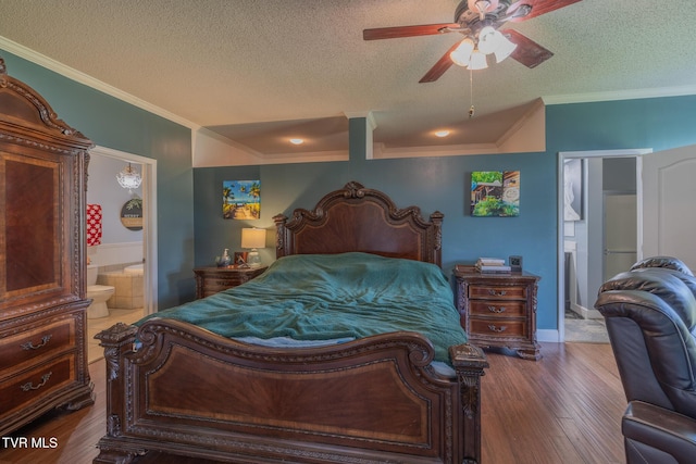 102 E Point Trce, Greeneville, TN 37745 - bedroom featuring crown molding, dark wood-style flooring, a textured ceiling, ensuite bathroom, and ceiling fan