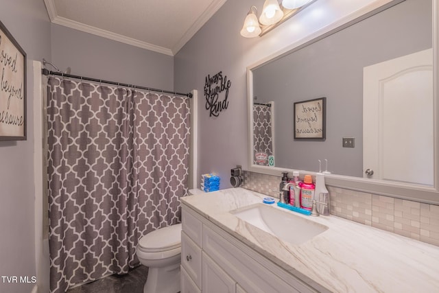 102 E Point Trce, Greeneville, TN 37745 - full bathroom featuring vanity, ornamental molding, decorative backsplash, and shower / bath combination with curtain