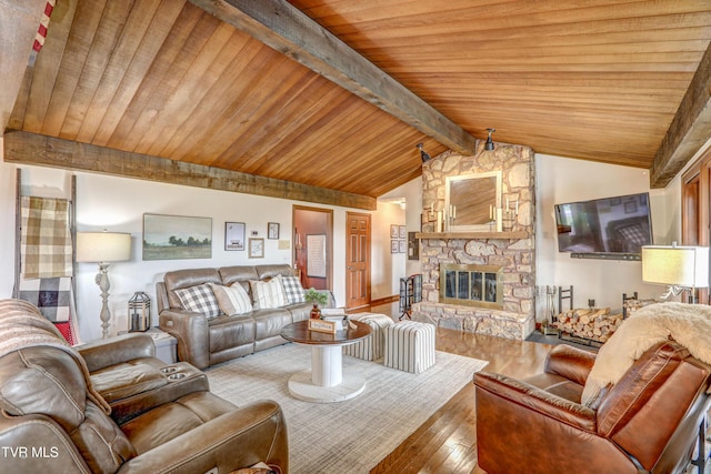 400 Heatherview Ct, Kingsport, TN 37663 - living room featuring hardwood / wood-style flooring, wooden ceiling, and a fireplace