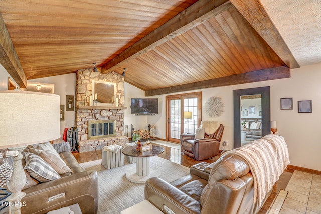 400 Heatherview Ct, Kingsport, TN 37663 - living area featuring wood ceiling, a stone fireplace, and tile patterned flooring