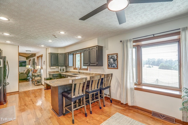 400 Heatherview Ct, Kingsport, TN 37663 - kitchen with a kitchen breakfast bar, a textured ceiling, a peninsula, plenty of natural light, and light wood-style floors