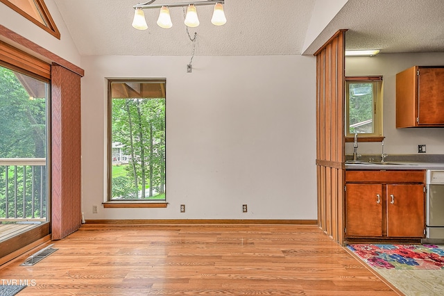 190 Sycamore Cir, Jonesborough, TN 37659 - kitchen featuring a textured ceiling, light wood-style floors, plenty of natural light, brown cabinets, and lofted ceiling