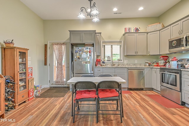 190 Sycamore Cir, Jonesborough, TN 37659 - kitchen with stainless steel appliances, gray cabinetry, light wood-type flooring, recessed lighting, and decorative light fixtures