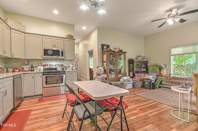 190 Sycamore Cir, Jonesborough, TN 37659 - kitchen with stainless steel appliances, gray cabinets, light wood-type flooring, ceiling fan, and recessed lighting