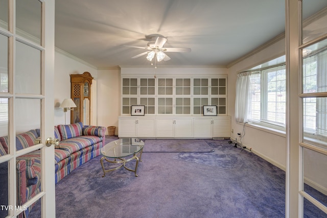 1710 Sundale Rd, Johnson City, TN 37604 - living area featuring dark colored carpet, ornamental molding, and a ceiling fan