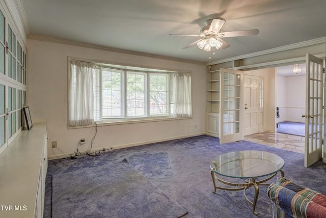 1710 Sundale Rd, Johnson City, TN 37604 - unfurnished living room with carpet, a ceiling fan, ornamental molding, and french doors