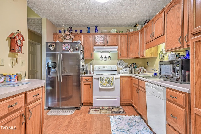 929 Cornerstone Ct, Kingsport, TN 37660 - kitchen with white appliances, under cabinet range hood, light wood-style flooring, light countertops, and a textured ceiling