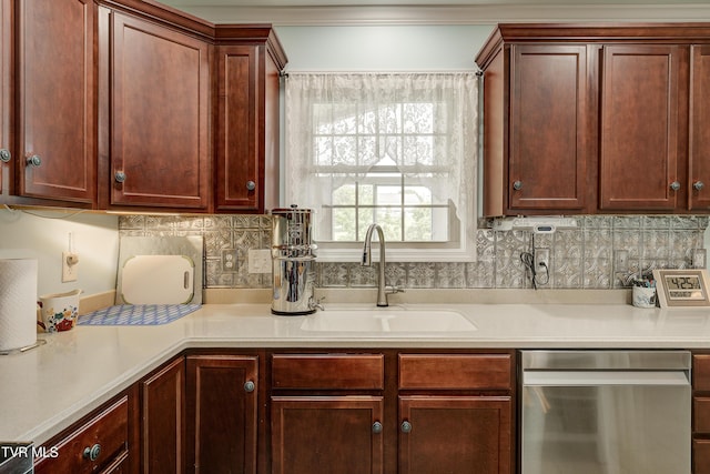 2146 Buttercup Ln, Limestone, TN 37681 - kitchen with dishwasher, light countertops, backsplash, and ornamental molding