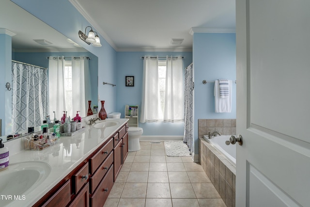 2146 Buttercup Ln, Limestone, TN 37681 - full bathroom with double vanity, crown molding, tiled bath, tile patterned floors, and a shower with curtain