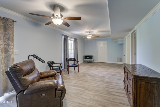2146 Buttercup Ln, Limestone, TN 37681 - living room featuring a ceiling fan, ornamental molding, and light wood-style floors
