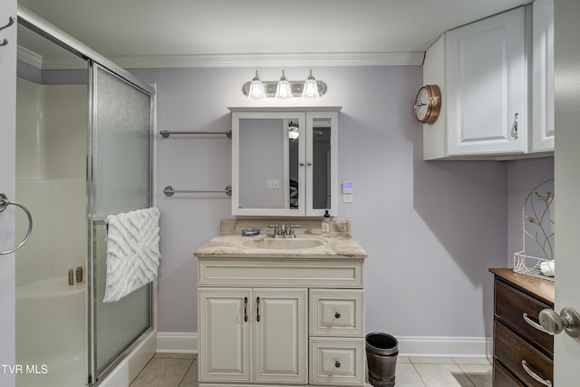2146 Buttercup Ln, Limestone, TN 37681 - bathroom featuring tile patterned flooring, vanity, crown molding, and a stall shower