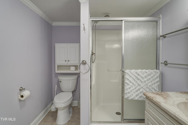 2146 Buttercup Ln, Limestone, TN 37681 - bathroom featuring crown molding, a shower stall, tile patterned flooring, and vanity