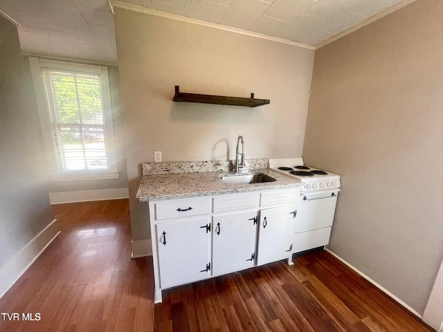 402 E Unaka Ave, Johnson City, TN 37601 - kitchen with white range with electric cooktop, dark wood-type flooring, ornamental molding, open shelves, and white cabinets