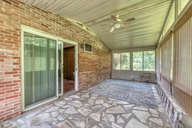 224 Meadow Dr, Bristol, TN 37620 - unfurnished sunroom with a wall mounted air conditioner, lofted ceiling, and a ceiling fan