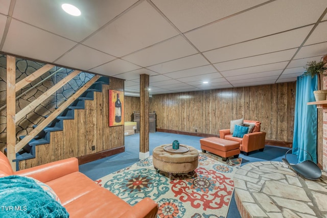 224 Meadow Dr, Bristol, TN 37620 - sitting room featuring carpet, a drop ceiling, and wood walls