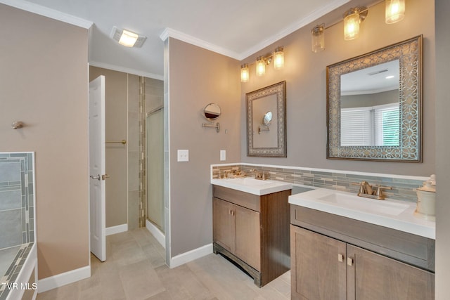 504 Amelia Ct, Blountville, TN 37617 - full bathroom with two vanities, a stall shower, crown molding, backsplash, and tile patterned flooring