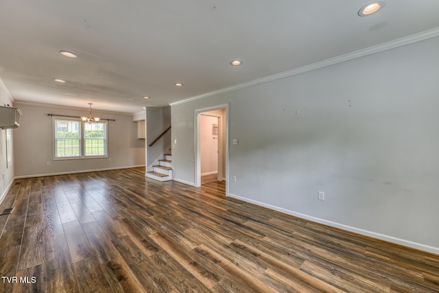 1367 Milligan Hwy, Johnson City, TN 37601 - unfurnished living room featuring ornamental molding, a chandelier, dark wood-style floors, stairs, and recessed lighting