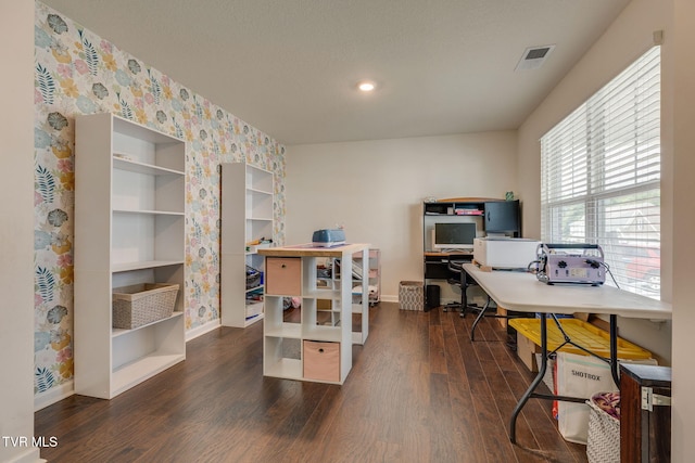 1233 Stamp Lodge Rd, Kingsport, TN 37660 - office area with wallpapered walls and dark wood finished floors