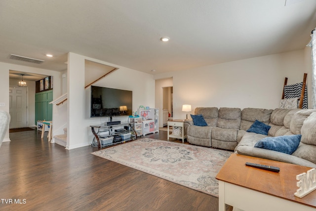 1233 Stamp Lodge Rd, Kingsport, TN 37660 - living area with dark wood-style flooring, recessed lighting, and stairway
