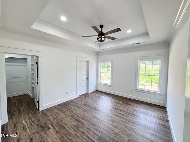 816 Hairetown Rd, Jonesborough, TN 37659 - unfurnished bedroom featuring a raised ceiling, ornamental molding, dark wood-style flooring, recessed lighting, and ceiling fan