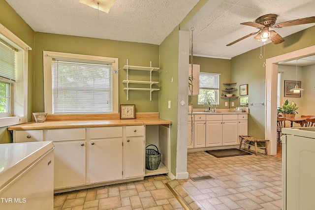 116 Esther St, Bristol, TN 37620 - kitchen featuring brick patterned flooring, ceiling fan, white cabinetry, and plenty of natural light