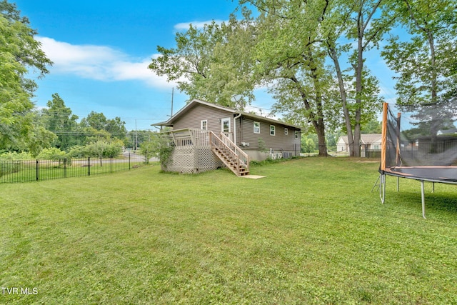 8202 Westland Dr, Knoxville, TN 37919 - fenced backyard featuring a trampoline, stairway, and a wooden deck