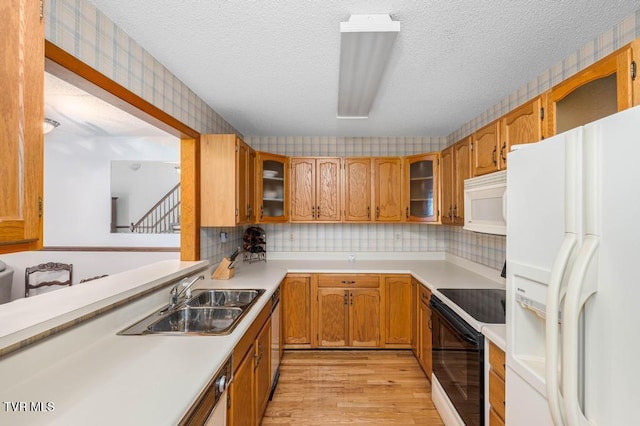 780 Hamilton Rd Unit E6, Blountville, TN 37617 - kitchen featuring white appliances, light wood-type flooring, light countertops, glass insert cabinets, and brown cabinets