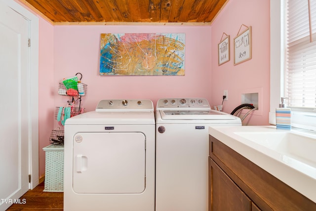 654 W Valley Dr, Kingsport, TN 37664 - laundry room featuring washer and dryer, wood ceiling, dark wood-style flooring, and cabinet space