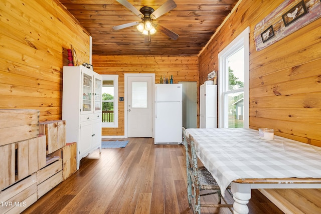 654 W Valley Dr, Kingsport, TN 37664 - unfurnished dining area featuring healthy amount of natural light, wood ceiling, wood walls, wood finished floors, and ceiling fan