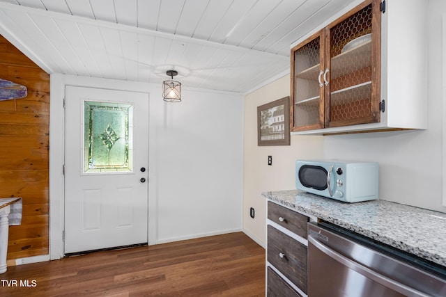 654 W Valley Dr, Kingsport, TN 37664 - kitchen with stainless steel dishwasher, wooden ceiling, dark wood finished floors, glass insert cabinets, and light stone countertops