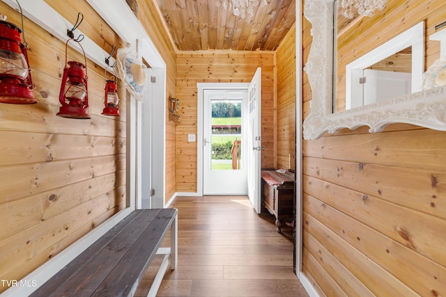 654 W Valley Dr, Kingsport, TN 37664 - doorway to outside with wood walls, wood ceiling, and hardwood / wood-style floors