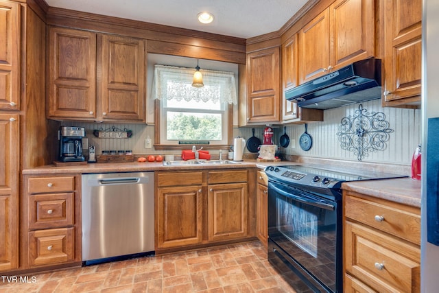 2129 Philon Dr, Kingsport, TN 37660 - kitchen with dishwasher, black range with electric stovetop, under cabinet range hood, and brown cabinets