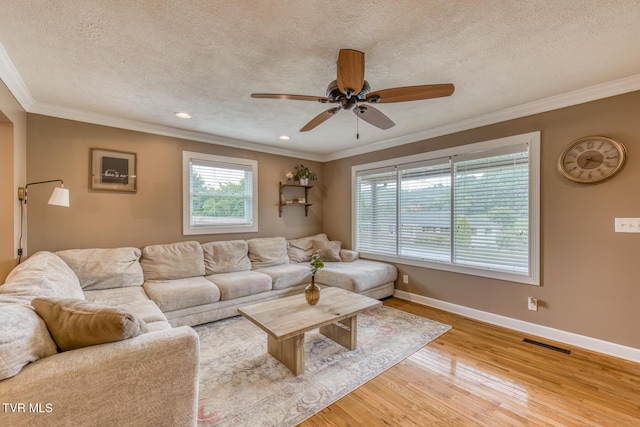 605 Dickerson St, Kingsport, TN 37665 - living room with crown molding, ceiling fan, wood finished floors, a textured ceiling, and recessed lighting