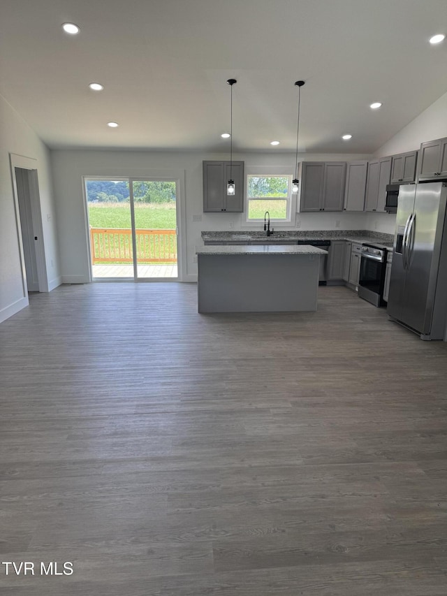 5920 Snapps Ferry Rd, Afton, TN 37616 - kitchen with appliances with stainless steel finishes, gray cabinets, dark wood-style flooring, recessed lighting, and open floor plan