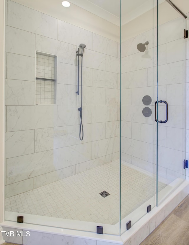 77 Sunset Rd, Johnson City, TN 37615 - full bath featuring a shower stall, ornamental molding, and recessed lighting