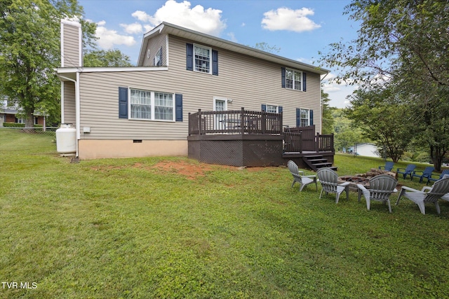 4404 Stillwood Ave, Kingsport, TN 37664 - rear view of house featuring a fire pit, crawl space, a wooden deck, a yard, and a chimney